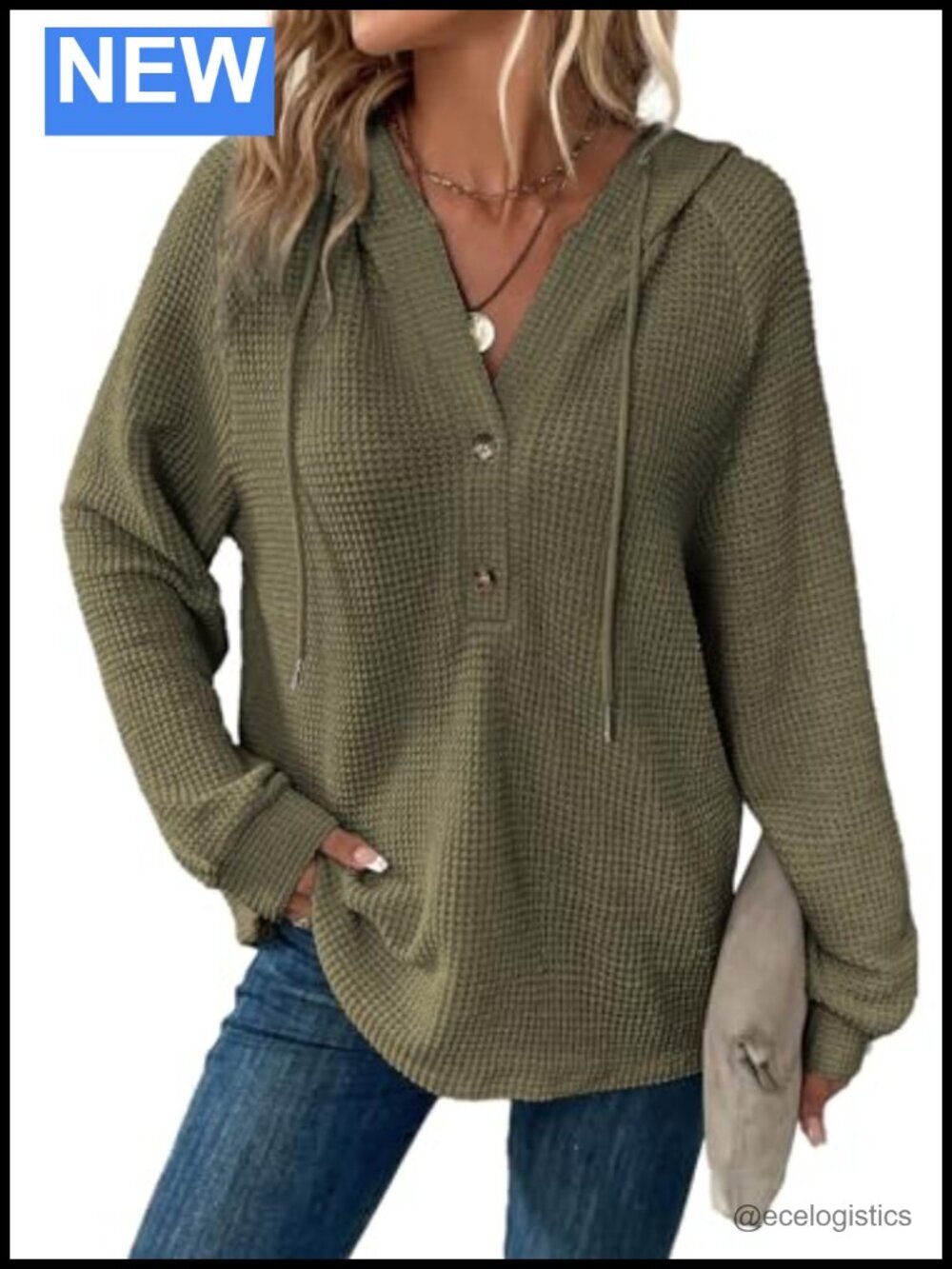 Waffle Knit V-Neck Hooded Sweatshirt Oversized Pullover Long Sleeve Button Front